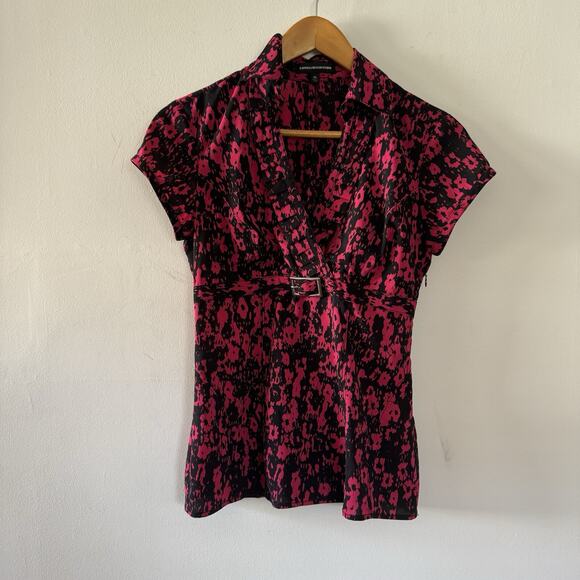 EXPRESS DESIGN STUDIOS Black Pink Faux Wrap Blouse Office Siren Top Y2K Fairy XS - Picture 1 of 12